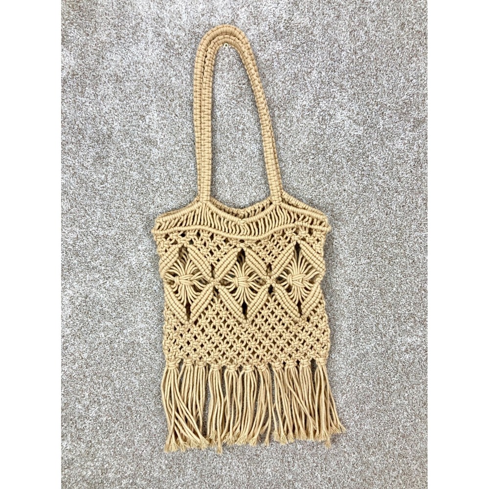 Macrame Fringe Boho Tote Bag Tan Woven Shoulder Bag Handcrafted Beach Summer